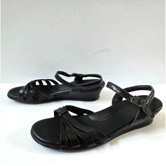 SAS Sandals Womens 11 Black Patent Leather Strippy Quarter Strap Ankle Wedges - Picture 2 of 9